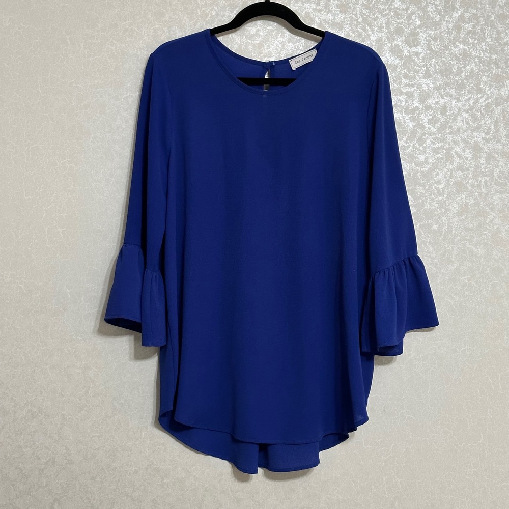 Ces Femme‎ Solid Blue Blouse Bell 3/4 Sleeve Keyhole Top Stretch Sz L